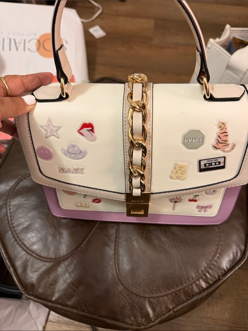 Aldo White and Pink Top-Handle Satchel with Gold Chain Accent